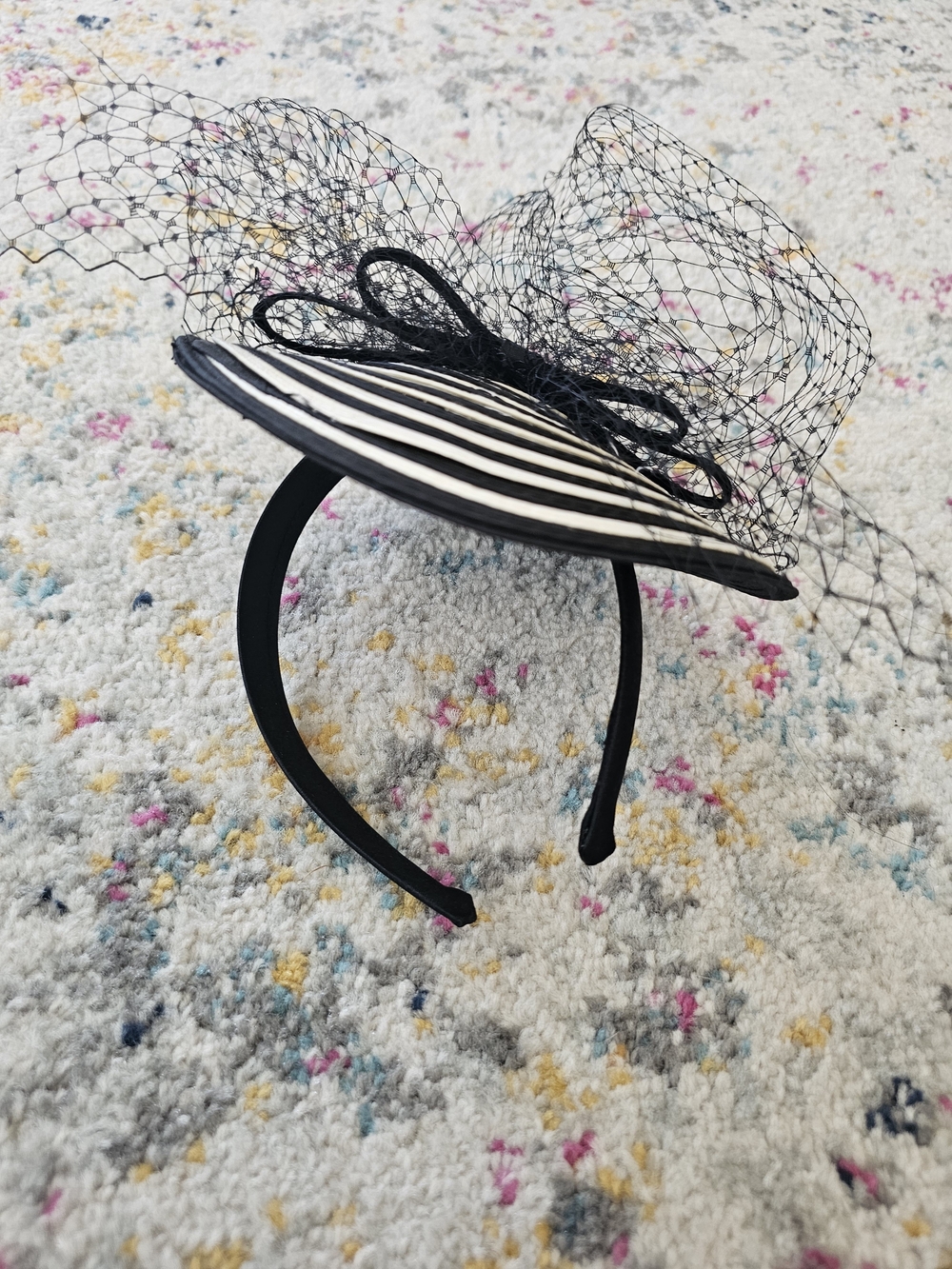 Black and White Striped Fascinator Headband with Veil